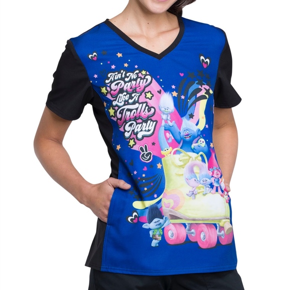 Trolls Love To Party Soft Stretch Scrub Top XS-XXL - Picture 2 of 5